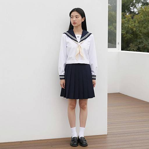 Asian Woman in Sailor Outfit Against Wall