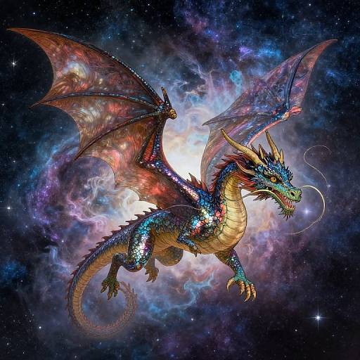 Digital artwork of a vibrant, blue-scaled dragon with red and purple wings, glowing eyes, and fiery breath, flying through a colorful, cosmic neb