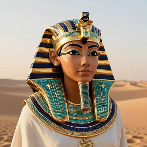 Photorealistic digital artwork of an Egyptian woman with dark skin, blue and gold striped headdress, turquoise and gold collar, white robe, in a