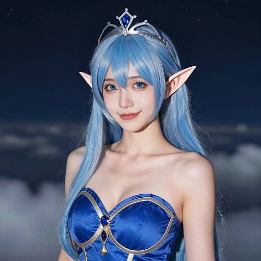 Blue-Haired Elf Princess Under Night Sky