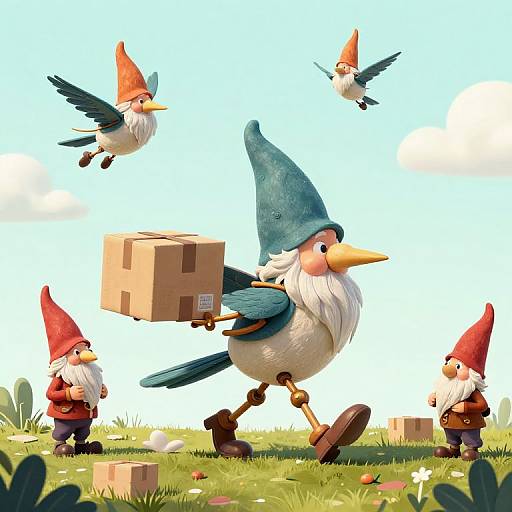 Digital illustration of three red-hatted gnomes and three blue-feathered birds, with one bird carrying a box, in a bright, grass