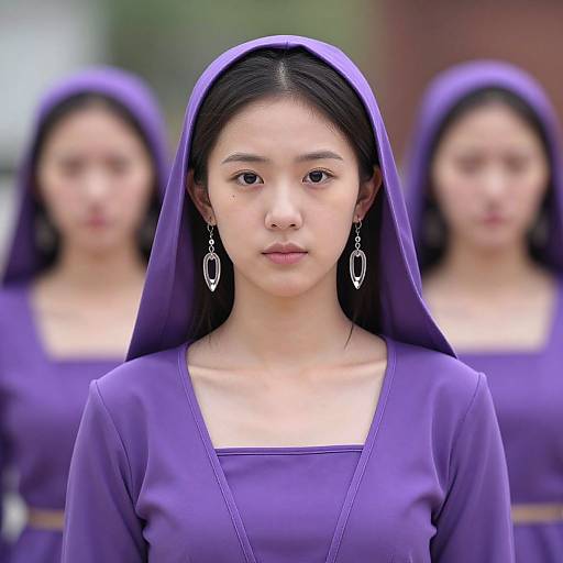 Photograph of an Asian woman with fair skin and black hair, wearing a purple veil and dress, silver earrings, with two blurred identical figures in the