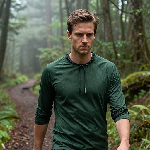 Photograph of a serious-looking, short-haired white man in a dark green, long-sleeved shirt walking on a misty forest path.