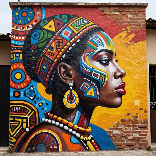 Vibrant mural of a dark-skinned woman with colorful geometric patterns on headwrap, face, and necklace, set against a yellow brick wall.