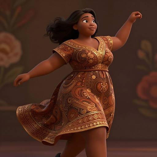 Digital rendering of a smiling, curvy Black woman with dark brown skin, wearing an ornate, brown and gold patterned dress, dancing joyfully