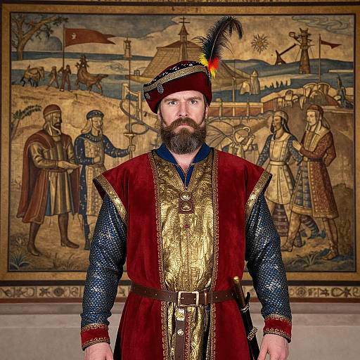 Photograph of a bearded man in medieval-style, red velvet and gold embroidered tunic, blue chainmail, and fez with black and red