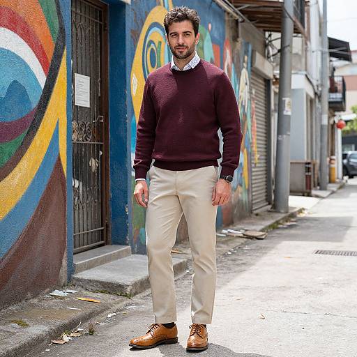 Photograph of a bearded man with dark hair, wearing a maroon sweater, white shirt, beige pants, and brown shoes, standing on a