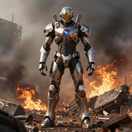 Photorealistic CGI of a silver, armored Iron Man-like robot standing amid fiery destruction, with debris scattered around and smoke filling the background.