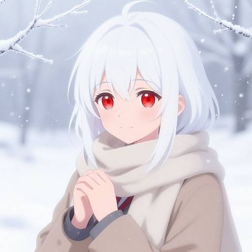 Anime-style drawing of a white-haired girl with red eyes, wearing a beige coat and white scarf, holding her hands together in a snowy forest.
