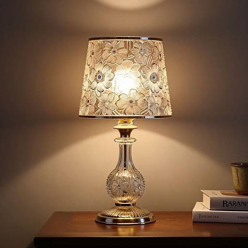Photograph of a decorative table lamp with a floral-patterned, beige lampshade, glass base, and brass accents, placed on a wooden table against