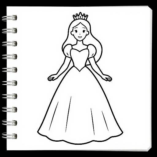 Black and white line drawing of a princess with a crown, puffed sleeves, and a full skirt on a sketchpad page.