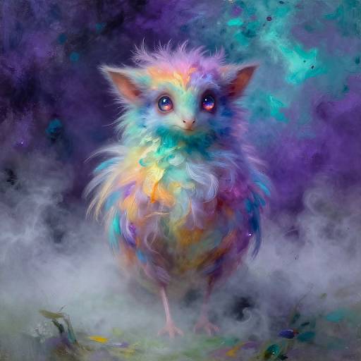 Digital painting of a colorful, fluffy, fantasy cat with glowing red eyes, standing in a misty, vibrant, cosmic background.
