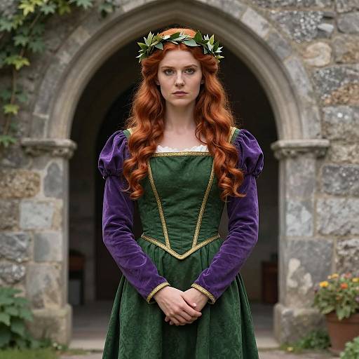 Red-haired Woman in Medieval Green and Purple Dress