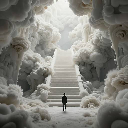 Surreal digital artwork: Silhouette of a person stands at the bottom of a grand, white, cloud-filled staircase, surrounded by massive, fluffy