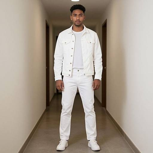 Photograph of a Black man with short curly hair, beard, wearing an all-white outfit, including jacket, pants, and sneakers, standing in a