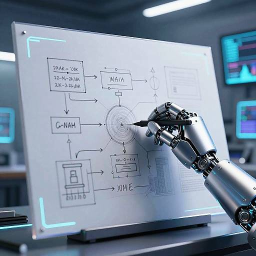 CGI image of a robotic arm drawing blueprints on a whiteboard with technical diagrams, illuminated by soft blue lights, in a futuristic laboratory.