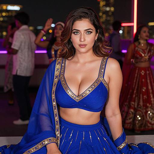 Photograph of a curvy woman with medium skin, dark wavy hair, wearing a blue, gold-trimmed crop top and matching skirt,