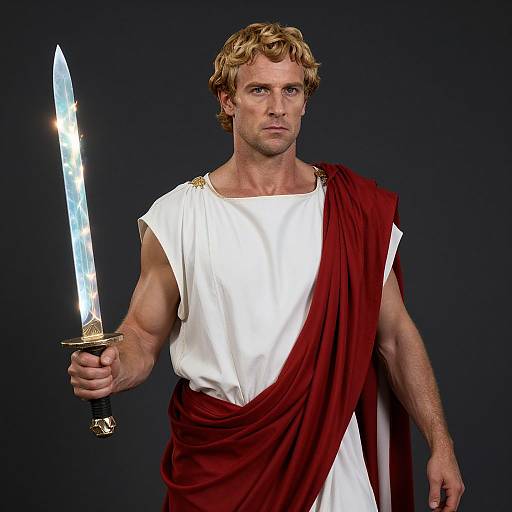 Photograph of a muscular, blonde, fair-skinned man in classical Roman attire, holding a glowing sword, against a dark background.