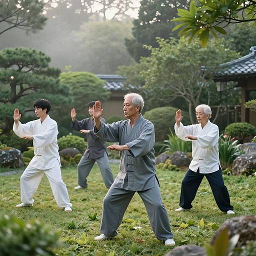 Photograph of three Asian men practicing Tai Chi in a lush, misty garden with traditional Japanese buildings in the background.
