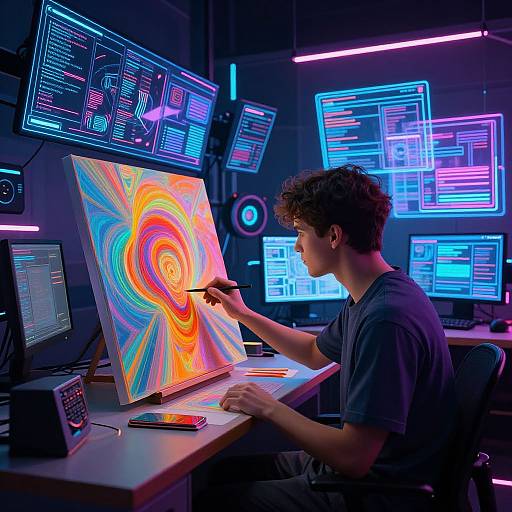 AI Artist in Futuristic Cyberpunk Studio