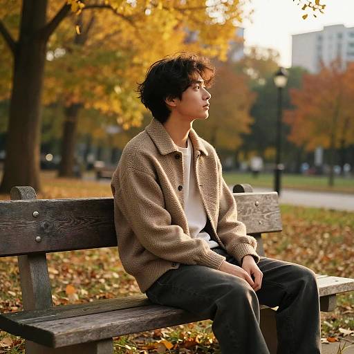 Photograph of a young Asian man with tousled black hair, wearing a beige knit jacket and dark pants, sitting on a wooden bench in a park