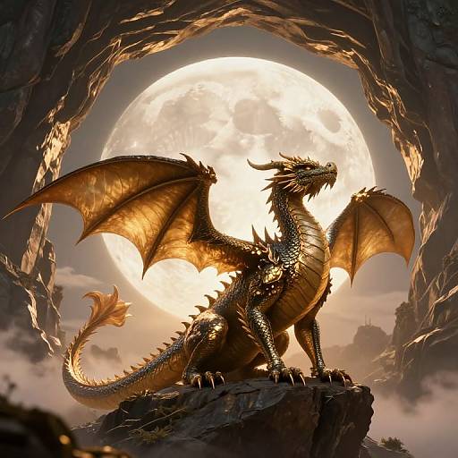 Digital artwork of a majestic, golden-scaled dragon with large wings, standing on a rocky ledge, illuminated by a glowing full moon in a dark cave