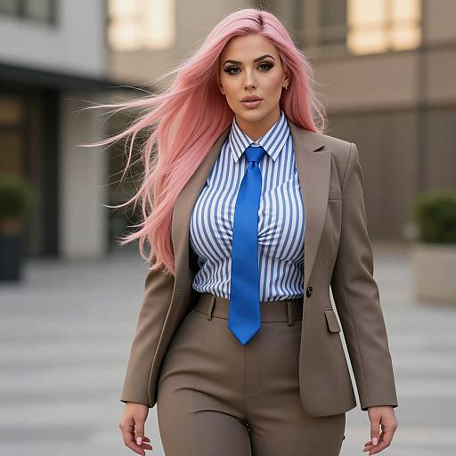 Photograph of a confident woman with long pink hair, wearing a brown suit, blue striped shirt, and matching blue tie, walking in an urban courtyard
