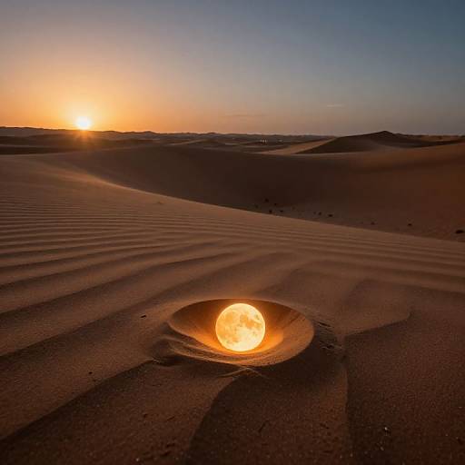 Photograph of a desert sunset with ripples in the sand, a glowing moon embedded in a sand pit, and the sun setting on the horizon.