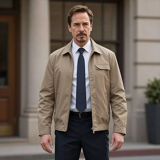 Photograph of a middle-aged man with short brown hair and beard, wearing a beige jacket, white shirt, black tie, and black pants, standing