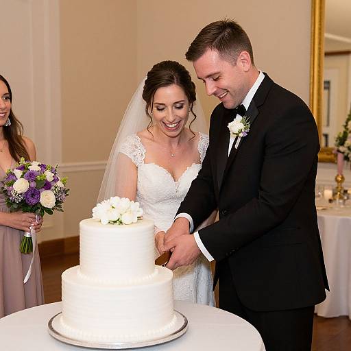 Photograph of a smiling bride and groom cutting a white, two-tiered wedding cake in a softly lit, elegant room. Bridesmaid holds bouquet