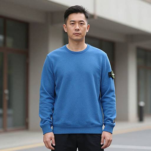Photograph of a young Asian man with short black hair, wearing a blue sweatshirt and black pants, standing on a city street. Blurred urban