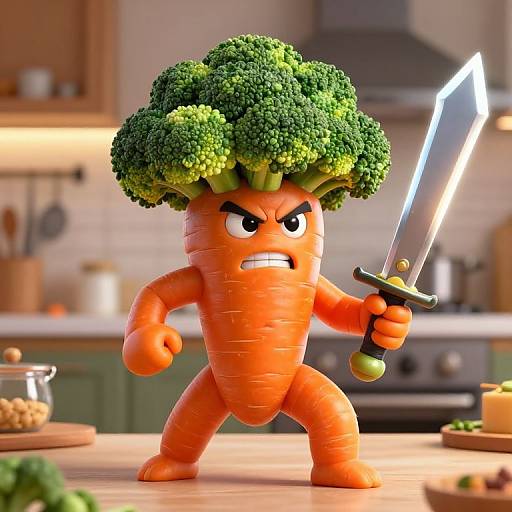 CGI cartoon of an angry orange carrot with broccoli hair, wielding a sword, standing on a kitchen counter. Background includes kitchen appliances and utensils.