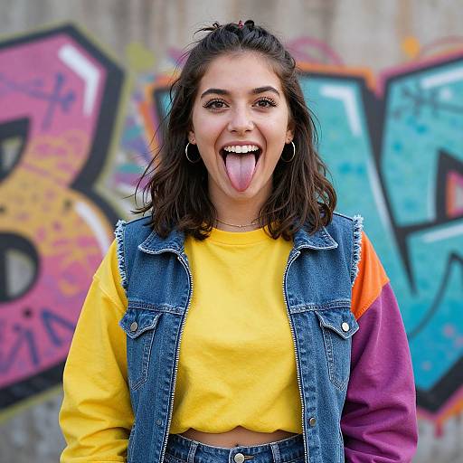 Photograph of a young woman with dark hair, sticking out her tongue, wearing a yellow shirt, denim vest, and hoop earrings, standing in front