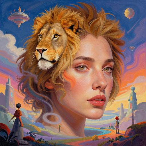 Digital art: Blonde woman with lion's head blended into her hair, serene expression, vibrant sunset sky, futuristic cityscape, floating UFOs, and