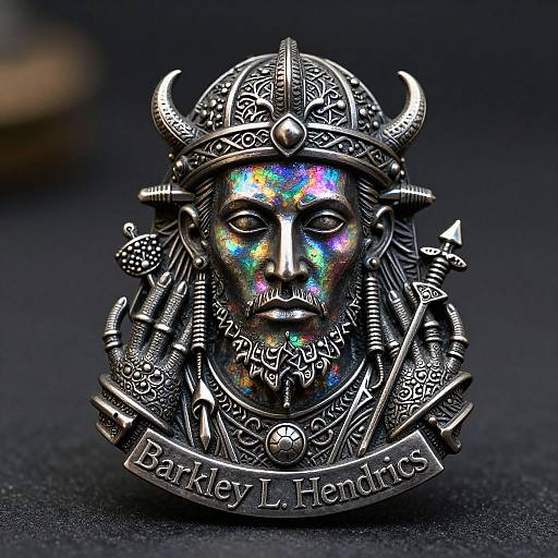 Photograph of an intricately detailed, silver Viking-themed pendant featuring a gemstone-encrusted face with colorful iridescent highlights, horned
