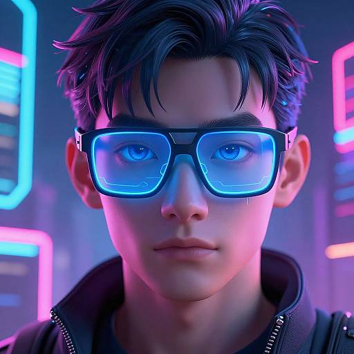 Digital CGI portrait of a young man with dark hair, blue neon-lit VR goggles, and a serious expression, set against a neon-lit futuristic