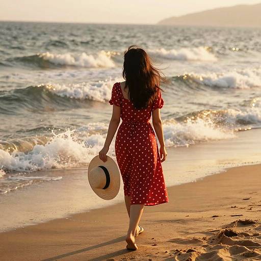 Girl in Red Polka Dot Dress on Beach