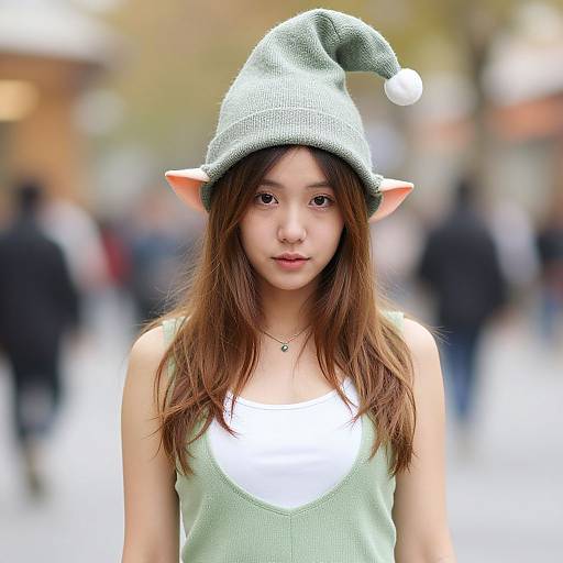 Photograph of an Asian woman with long brown hair, wearing a green elf hat with pointed ears, a light green tank top, and a white heart