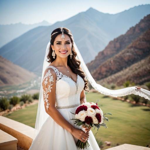Smiling Bride with Bouquet in Mountainous Landscape