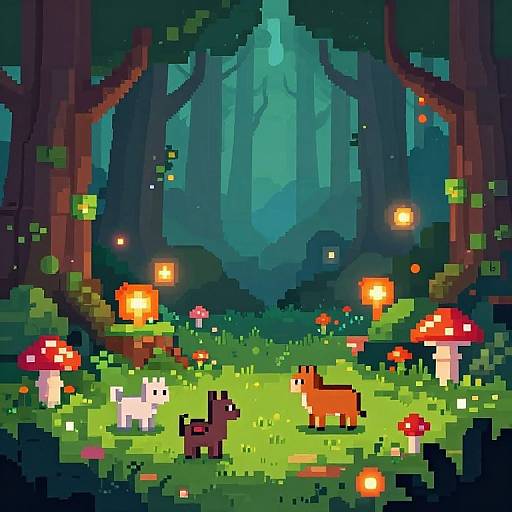 Pixel art of a magical forest with glowing mushrooms, fireflies, a white rabbit, red fox, and black cat, under a blue moonlit sky