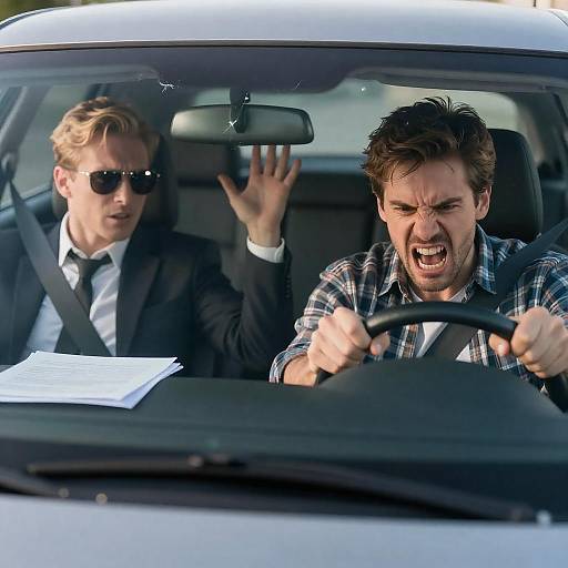 Intense Men in Shattered Windshield Car