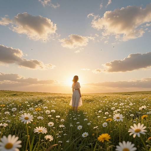 Photograph of a woman in a white dress standing in a sunlit field of white daisies at sunset, with scattered clouds and a golden sky