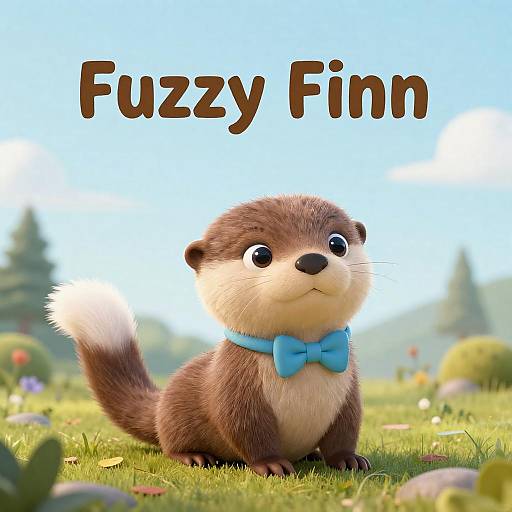CGI image of an adorable, brown otter with a blue bowtie, sitting in a sunlit, grassy field, with 