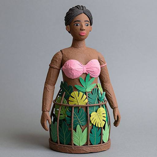 Photograph of a dark-skinned, painted, doll with black braided hair, pink strapless top, and green-yellow leaf-patterned skirt,