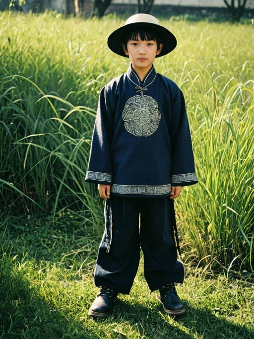 Boy in Traditional Chinese Clothes Standing in Grass