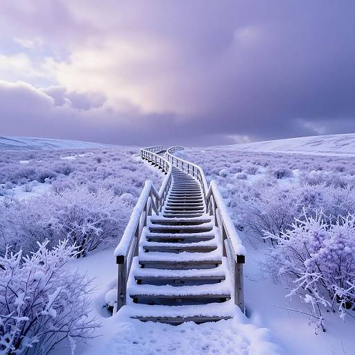 Photograph of a snow-covered wooden staircase leading through frosty bushes to a cloudy, sunlit horizon in a winter landscape.