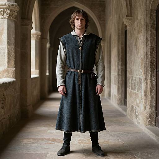 Photograph of a young man with wavy brown hair, wearing a medieval-style dark blue tunic, white shirt, brown belt, black boots,