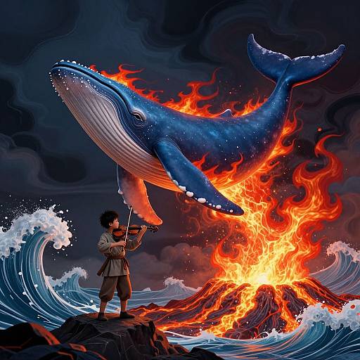 Digital illustration of a young boy with dark hair standing on a rocky shore, holding a harpoon, aiming at a flaming, blue whale emerging from a