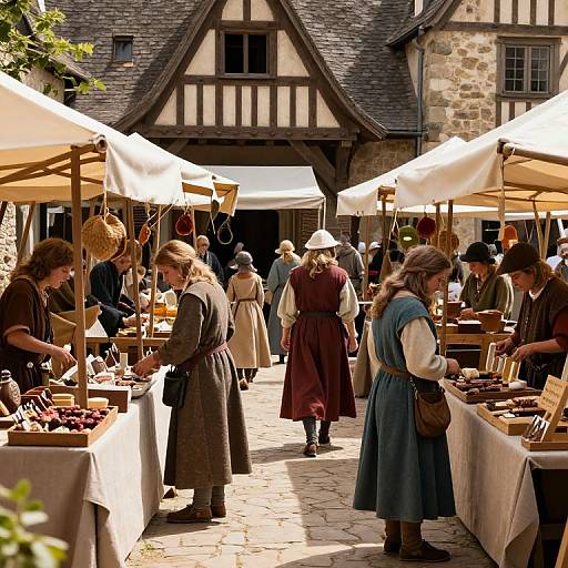 Photograph of a medieval market with vendors in period clothing selling goods under white canopies, surrounded by stone and timber buildings.