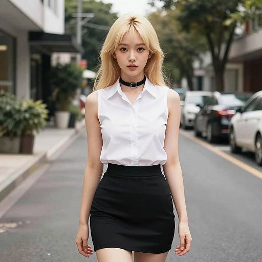Photograph of a slender Asian woman with long blonde hair, wearing a white sleeveless blouse, black high-waisted skirt, and black choker
